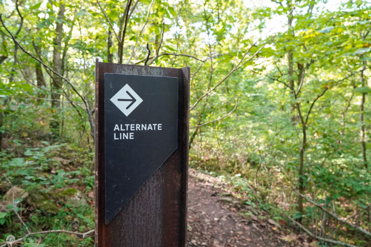 A sign indicating an "Alternate Line" on a forest trail, with an arrow pointing to the right. The background features green trees and foliage, suggesting a natural outdoor setting.