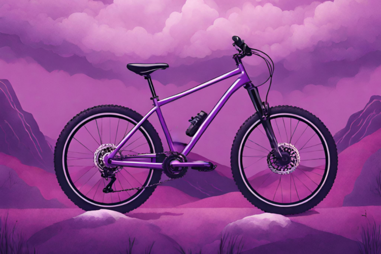 A vibrant purple mountain bike is positioned on a rocky surface, set against a dreamy background of purple clouds and mountains. The bike features prominent tires and a water bottle holder.