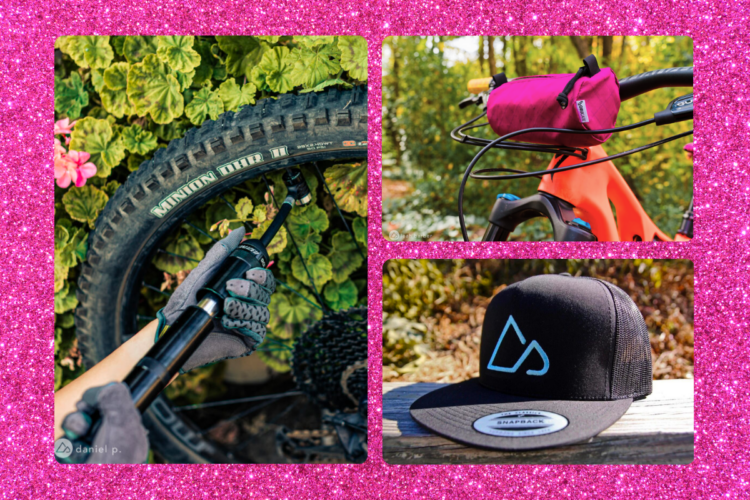 Image of a collage featuring three sections: 
1. A close-up of a mountain bike tire being inflated, with a hand gripping a pump against a backdrop of lush green leaves and flowers.
2. A brightly colored handlebar of a mountain bike adorned with a small pink bag.
3. A black snapback hat with a blue logo resting on a wooden surface amidst natural surroundings. The overall aesthetic includes a vibrant pink glitter background.