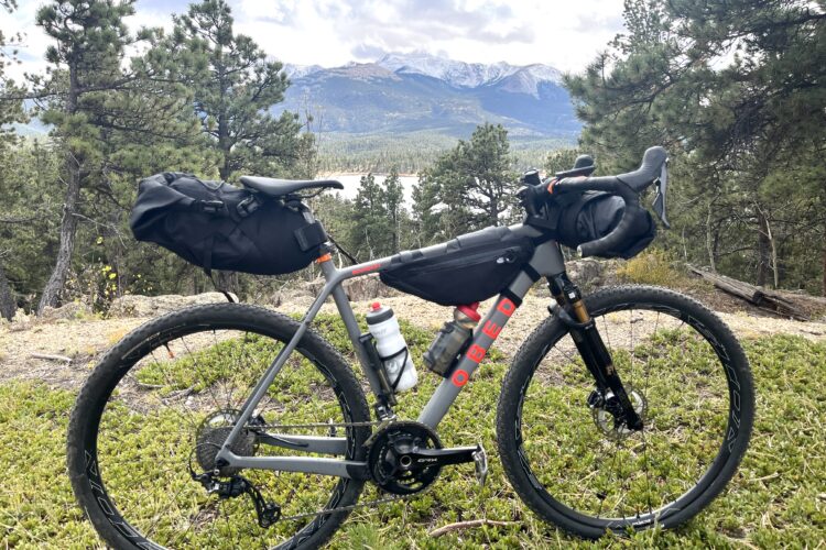 A grey mountain bike with black bags mounted on the frame is parked on a grassy area, overlooking a scenic view of mountains and trees in the background. A lake is visible in the distance under a cloudy sky. The bike is equipped with a water bottle and features a robust design suitable for outdoor adventures.