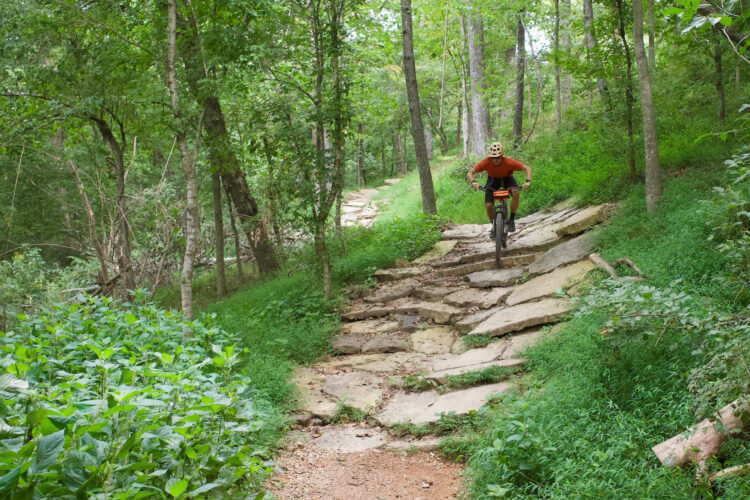 A person riding a mountain bike on a rocky, uneven trail surrounded by lush green vegetation and trees in a forested area.