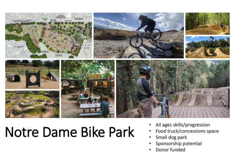 **Alt text:** A collage promoting the Notre Dame Bike Park. The top section shows a layout map of the park, along with images of a biker navigating rocky terrain and jumping over ramps. The middle section features a dog park with play structures and a food truck with people dining at picnic tables. The bottom section displays bikers on various trails and ramps, and a rider preparing for a jump in a wooded area. Text highlights features such as all ages skill progression, food concessions, a small dog park, sponsorship opportunities, and donor funding.