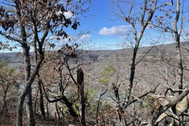 A panoramic view of a wooded landscape, showcasing bare trees with scattered brown leaves against a backdrop of distant hills and a clear blue sky with a few clouds. The scene captures a serene natural setting, hinting at an elevated viewpoint overlooking a river winding through the valley below. Raccoon Mountain Trail Network mountain bike trail.