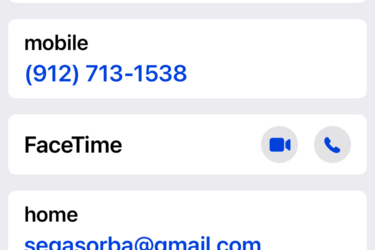 A contact information screen displaying the name "SEGA-SORBA" with options to message, call, video call, email, and make payments. Includes a mobile phone number, FaceTime option, email address, and a home address with a map location. Tribble mountain bike trail.