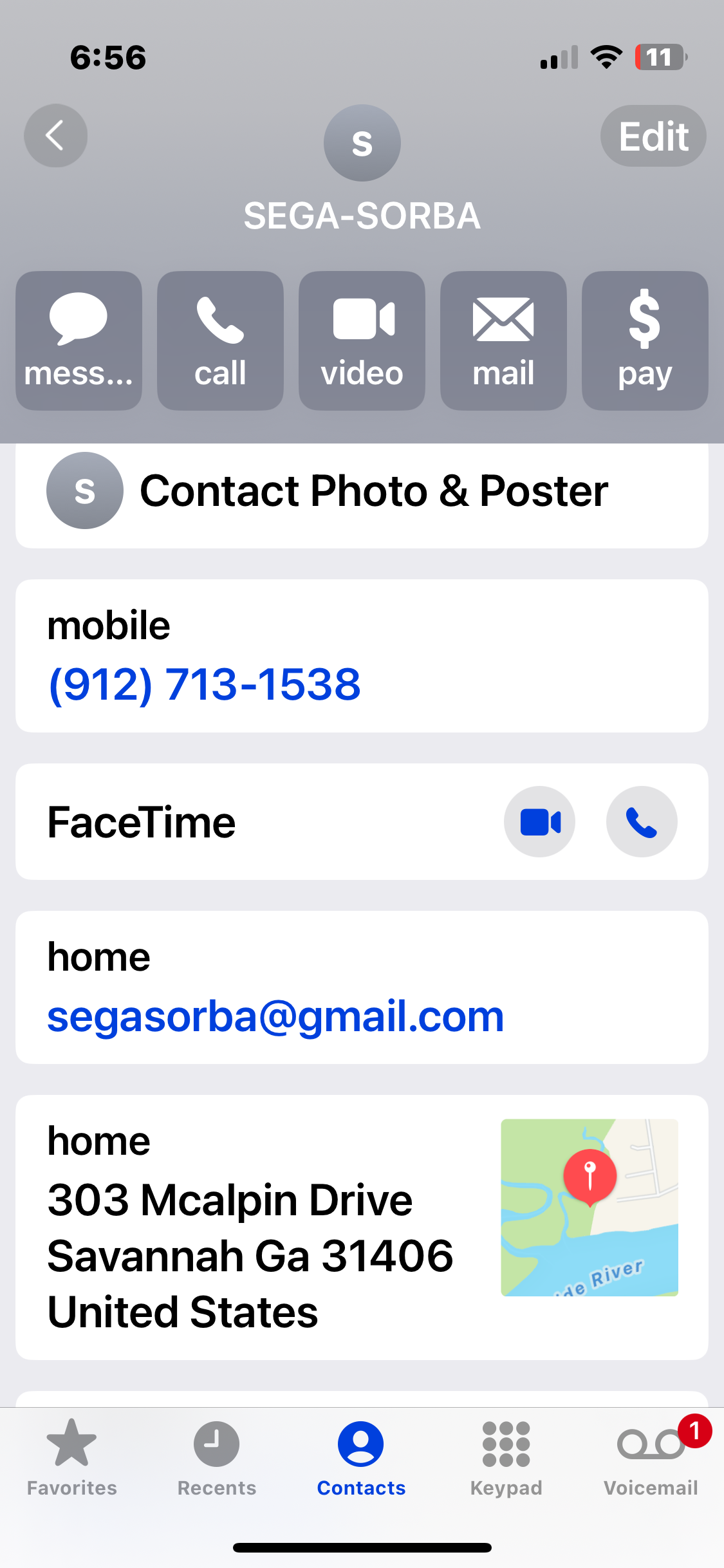 A contact information screen displaying the name "SEGA-SORBA" with options to message, call, video call, email, and make payments. Includes a mobile phone number, FaceTime option, email address, and a home address with a map location. Tribble mountain bike trail.