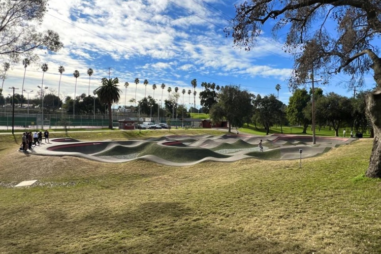 A spacious outdoor skatepark with a wavy concrete surface, surrounded by green grass and palm trees. Several people are gathered near the skatepark, some are skating while others are observing. The sky is partly cloudy, creating a vibrant atmosphere. In the background, there are tennis courts and more greenery.