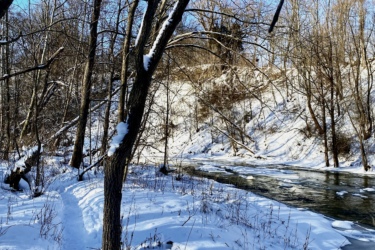 A serene winter landscape featuring a snow-covered path alongside a gently flowing river. Bare trees with snow-dusted branches line the banks, and the bright blue sky contrasts with the white snow, creating a tranquil winter scene. Western University trails mountain bike trail.