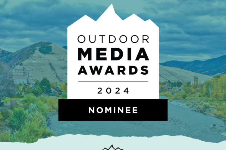 Image alt tag: "Graphic for the Outdoor Media Awards 2024 featuring the words 'Nominee' with details about the event location in Missoula, Montana, from October 14 to 16, 2024, alongside a scenic backdrop of mountains and a river."