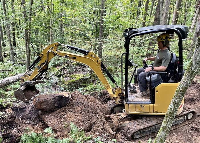A construction worker operating a small excavator in a wooded area, engaged in digging near a large rock. The scene is surrounded by trees and lush greenery, with the excavator's arm extending towards the ground. The worker is wearing a helmet and is focused on the task at hand.