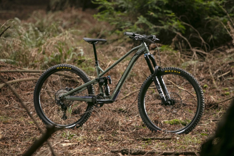 A mountain bike parked on the forest floor, surrounded by ferns and pine needles. The bike features a sleek, gray frame, suspension system, and knobby tires designed for off-road riding.