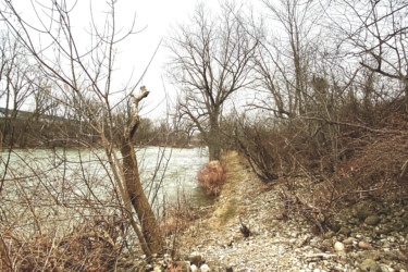 A winding riverbank lined with rocky shores and bare trees, under a cloudy sky. The path along the water is partially obscured by stones, and the surrounding vegetation is mostly brown and subdued, suggesting a late winter or early spring setting. Western University trails mountain bike trail.