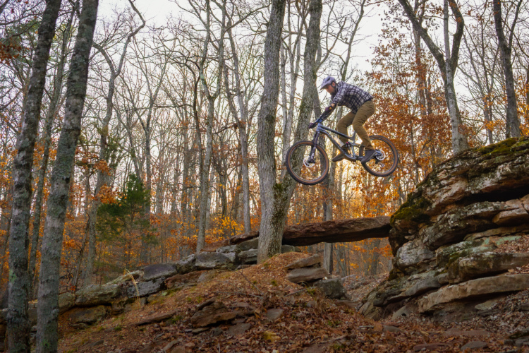 A mountain biker gracefully jumps off a rocky ledge in a forest with autumn foliage, capturing a moment of action in a natural outdoor setting.