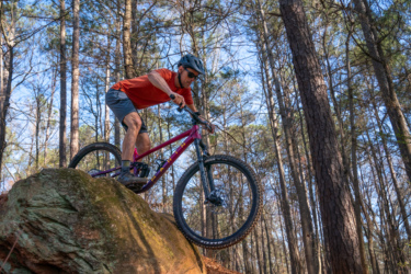 A mountain biker in an orange shirt and gray shorts descends from a rock ledge in a wooded area, showcasing skills on a purple bike with thick tires. The background features tall trees and a clear blue sky, indicating a sunny day. Lakeshore Bike Park mountain bike trail.