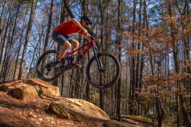 A person in a red shirt and gray shorts riding a mountain bike, airborne while jumping off a large rock in a forested area with tall trees and dry leaves on the ground. The scene captures an active outdoor moment on a sunny day. Lakeshore Bike Park mountain bike trail.