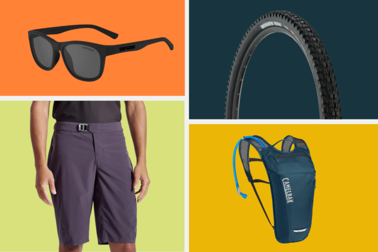 Image featuring outdoor gear: a pair of stylish black sunglasses, a close-up of a mountain bike tire, a model wearing lightweight shorts, and a blue hydration backpack. The background consists of vibrant color blocks in orange, green, and yellow.
