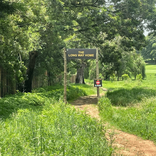 A grassy path lined with trees, featuring a sign that reads "THE LONG WAY HOME," along with a smaller sign below it. The area appears lush and green, evoking a sense of tranquility and nature. Huddle Park Golf & Recreation mountain bike trail.