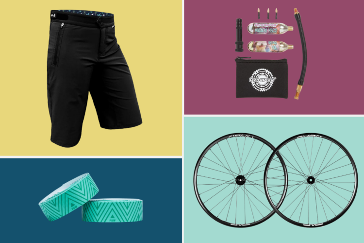 A collage featuring various biking gear: black shorts with a patterned waistband, two turquoise bike handlebar grips, a bicycle repair kit including CO2 cartridges and tools, and a pair of black bicycle wheels, all set against colorful backgrounds.