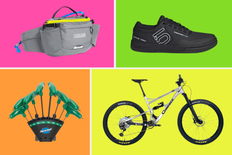 A collage featuring four outdoor activity items on colorful backgrounds: a gray CamelBak hydration pack with a yellow top, black Five Ten bike shoes, a set of green Park Tool hex wrenches arranged in a display, and a silver mountain bike.