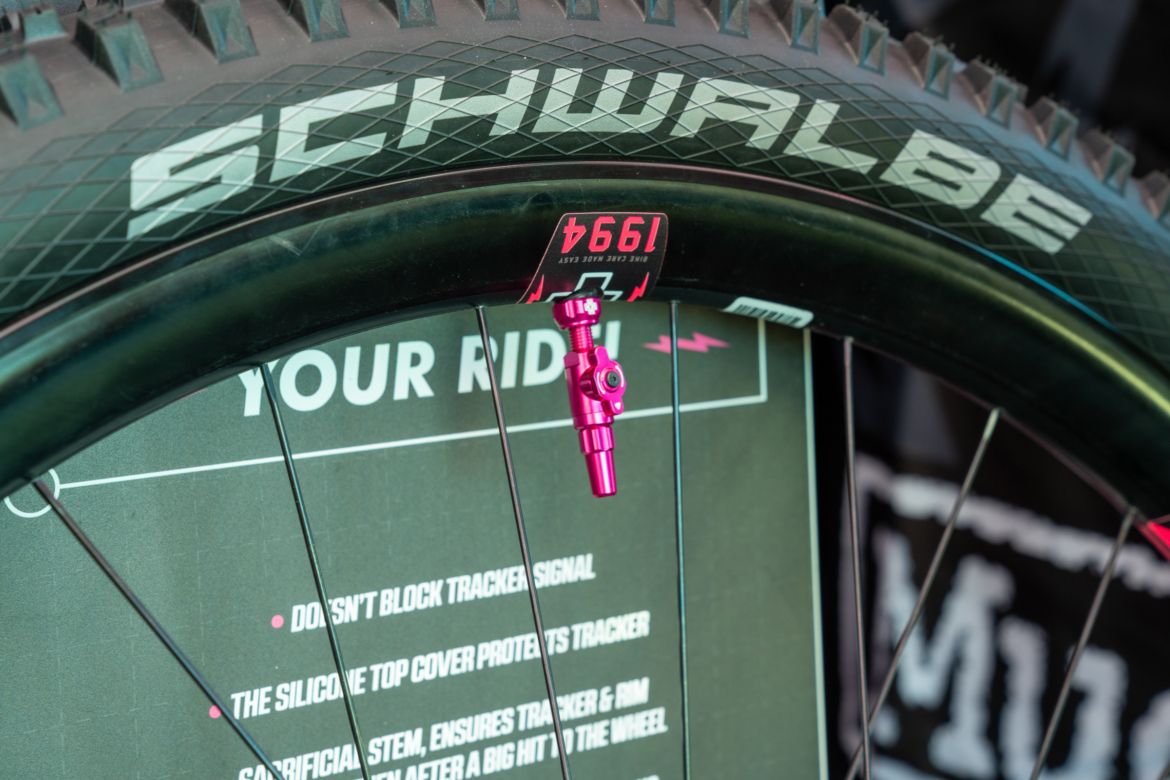 A close-up image of a bicycle wheel showcasing a Schwalbe tire, highlighting the tire tread and the rim. The valve, which is pink, is prominently displayed, and there is a black background with text that includes specifications or features related to the bike setup.