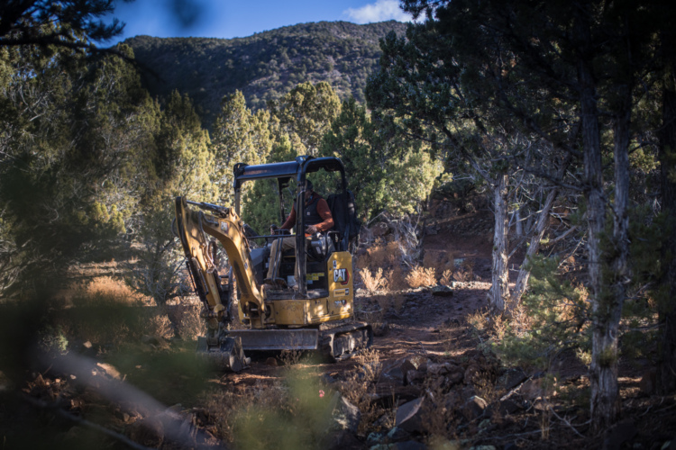A small yellow excavator is being used to clear a path through a forested area, surrounded by trees and rocky terrain. The operator, visible inside the machine, is focused on the task. Sunlight filters through the foliage, illuminating the scene.