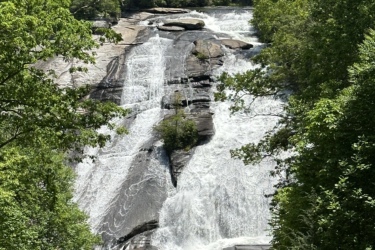 A scenic view of a waterfall cascading over rocky terrain, surrounded by lush greenery and trees. Sunlight filters through the leaves, illuminating the water as it flows into a calm pool below, with a rustic wooden fence in the foreground. Buck Forest Road #8 mountain bike trail.