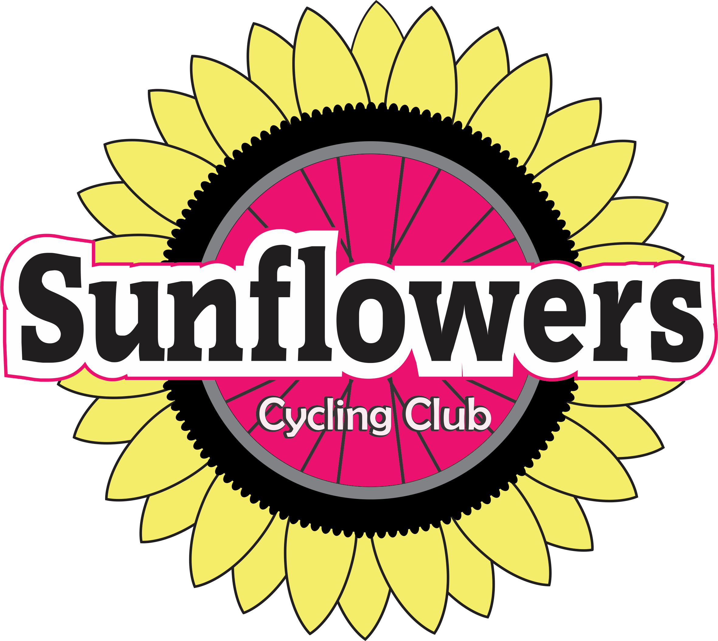 Logo for the Sunflowers Cycling Club featuring a sunflower design with yellow petals surrounding a pink circular background, which has a bicycle wheel graphic. The club name "Sunflowers" is prominently displayed in bold black letters, with "Cycling Club" in smaller white text below.
