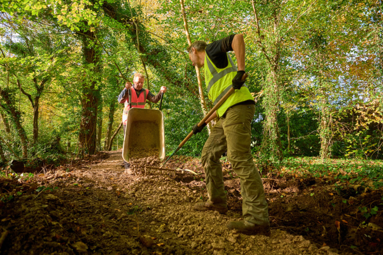 Two workers are engaged in outdoor labor on a dirt path in a forested area. One worker, wearing a pink safety vest and gloves, is using a wheelbarrow to transport gravel, while the other, in a green safety vest, is raking the gravel evenly along the path. The scene is surrounded by lush trees and vibrant greenery, showcasing a sunny day.