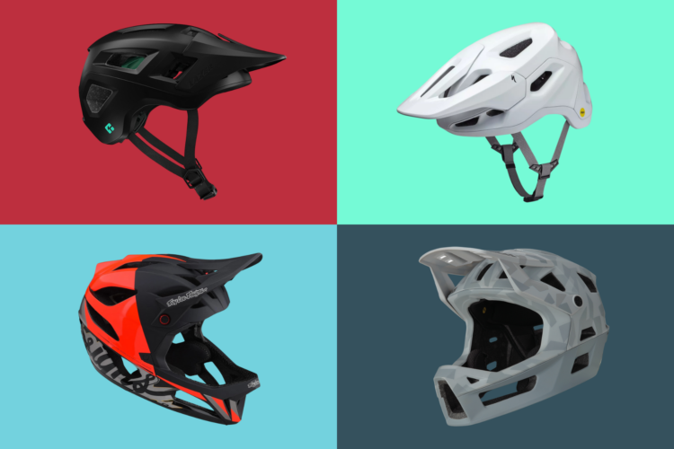 Four different types of bike helmets displayed against colorful backgrounds. The top left features a black helmet, the top right is a white helmet, the bottom left is an orange and black helmet, and the bottom right displays a gray helmet with a geometric pattern.