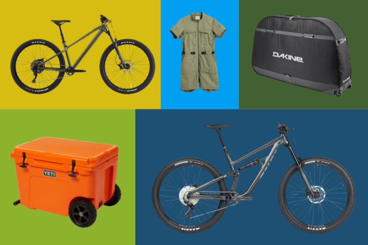 A vibrant collage featuring outdoor gear, including two mountain bikes, an orange YETI cooler on wheels, a green utility jumpsuit, and a black Dakine bike travel bag. The images are set against colorful backgrounds in yellow, blue, green, and dark blue.