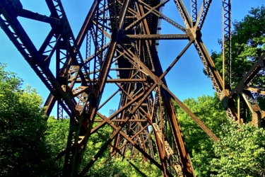 A rusted iron bridge structure towering above dense greenery, viewed from beneath. The blue sky is visible through the lattice of metal beams, emphasizing the industrial design against the natural backdrop. Don Valley mountain bike trail.