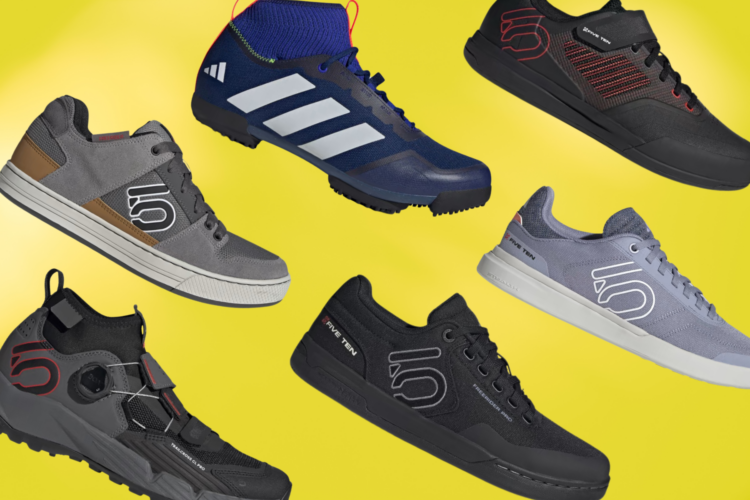 A collection of various styles of sports shoes displayed against a yellow background. The shoes include casual sneakers and specialized footwear, featuring brands such as Five Ten and Adidas, in a range of colors including grey, black, blue, and light purple.