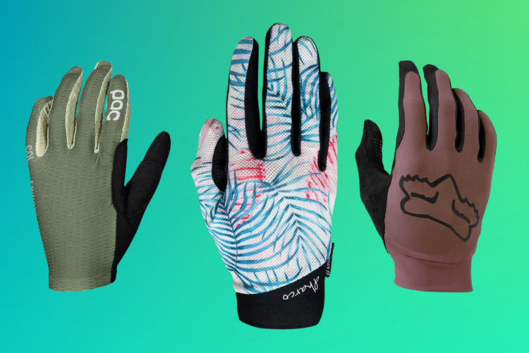 Three pairs of gloves displayed against a gradient green background. The left glove is olive green with textured details, the center glove features a colorful palm design with blue and pink palm leaves, and the right glove is brown with a black logo design.