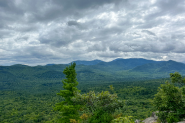 A panoramic view of a lush green mountain landscape under a cloudy sky, featuring rolling hills and a foreground of trees. Blueberry Hill mountain bike trail.