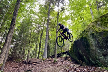 A mountain biker performing a jump off a large rock in a forested trail. Tall trees and lush greenery surround the scene, with a wooden bridge visible in the background. The ground is covered with fallen leaves and dirt. Craig Wood Trails mountain bike trail.