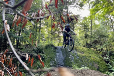 A mountain biker airborne over a moss-covered rock in a dense, green forest, with vibrant leaves in the foreground. Craig Wood Trails mountain bike trail.