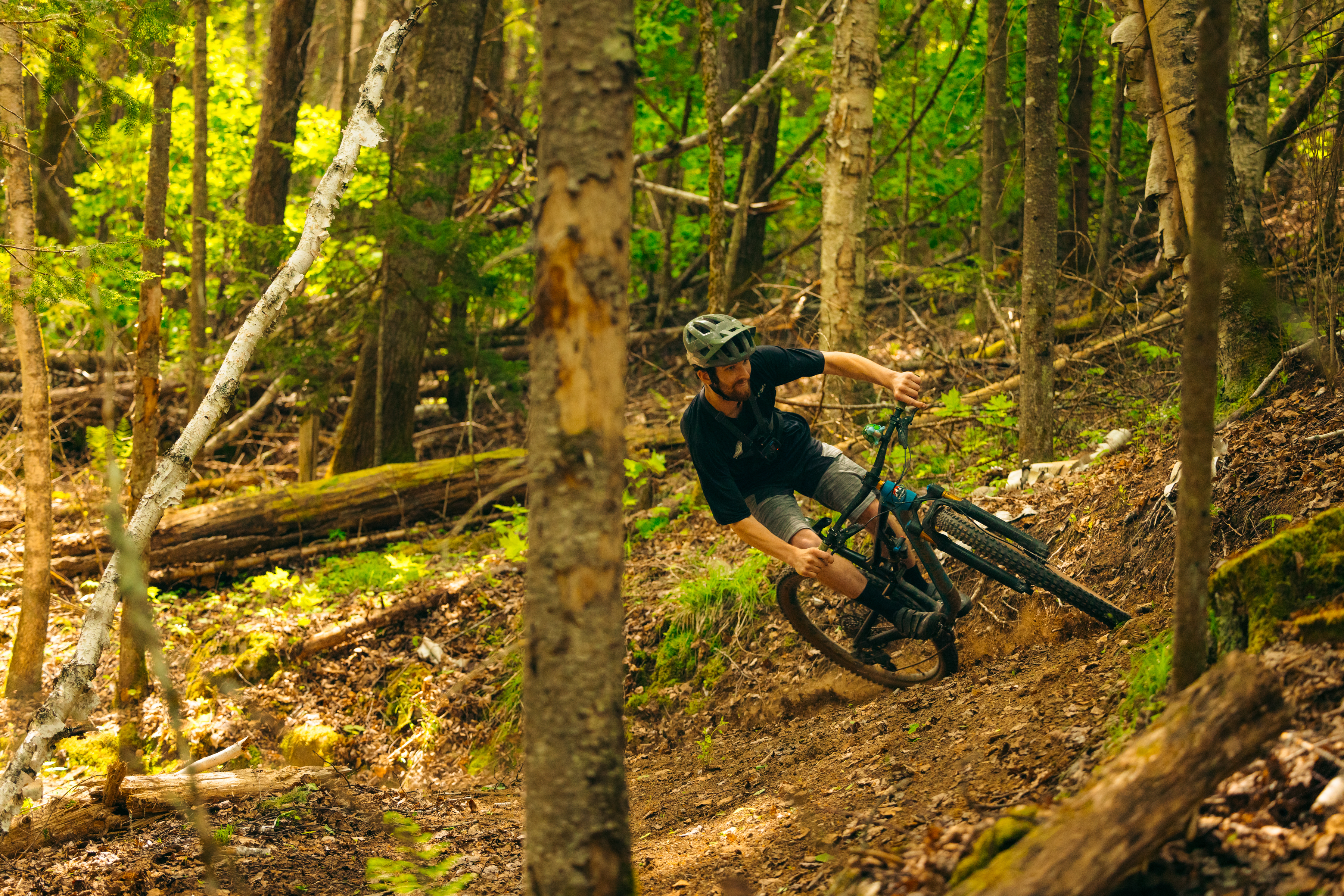 A mountain biker leans into a turn while navigating a dirt trail in a lush green forest, surrounded by tall trees and underbrush. The rider is wearing a helmet and athletic clothing, showcasing an action-packed moment in nature. Craig Wood Trails mountain bike trail.