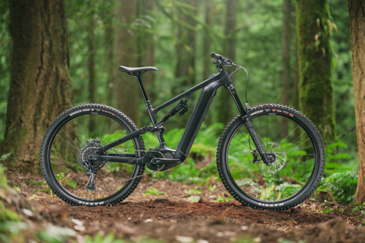 A black electric mountain bike positioned on a forest floor, surrounded by lush greenery and tall trees. The bike features robust tires and a modern design, showcasing its suitability for off-road adventures.