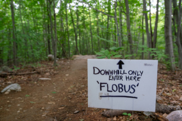 A wooden sign in a forested area reads "Downhill Only Enter Here 'Flobus'," with an arrow pointing forward, indicating the direction of a downhill trail amidst lush green trees.