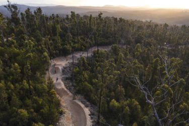Aerial view of a winding dirt path through a lush forest, with tall trees and distant mountains visible in the background. A few cyclists can be seen riding along the path as the sun begins to set, casting a warm glow over the scene. Mogo Trails mountain bike trail.