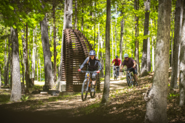 A group of three mountain bikers riding along a dirt trail in a lush forest. The scene features vibrant green leaves and tall trees, with a unique wooden structure in the background. One cyclist is leading the group, wearing a helmet and protective gear, while the others follow behind. The sun filters through the trees, creating a bright and inviting outdoor atmosphere. Hobbs State Park Conservation Area mountain bike trail.