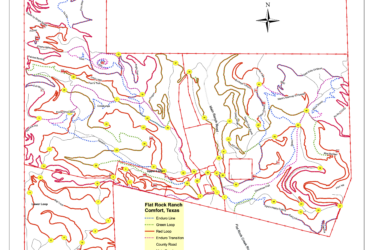 Map of Flat Rock Ranch in Comfort, Texas, depicting various trails and roads. It features contour lines, labeled trails (including Enduro, Green, and Red), and key locations marked with yellow circles. The map includes a north arrow and a legend differentiating between trail types and road classifications. Flat Rock Ranch mountain bike trail.