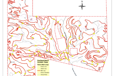 Map of Flat Rock Ranch in Comfort, Texas, showing various trails including the Enduro Line, Green Loop, and Red Loop. Red lines depict the trails, with yellow markers indicating key points of interest. Additional features include county roads and pasture roads, with a north compass rose in the corner for orientation. Flat Rock Ranch mountain bike trail.