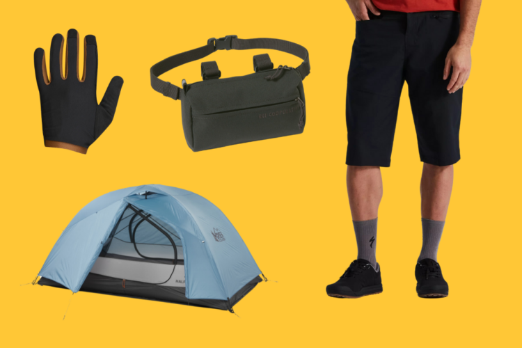 A camping scene featuring a blue tent, a pair of black gloves, a dark green waist bag, a man's shorts, and sneakers, all set against a bright yellow background.