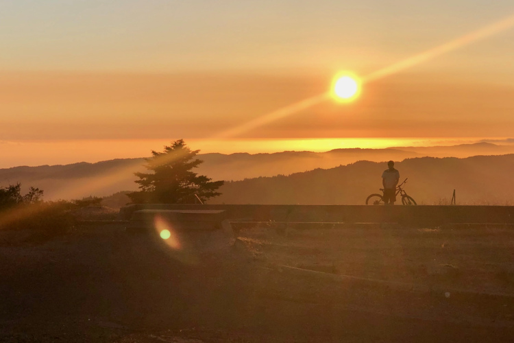 Silhouette of a person standing next to a bicycle, watching a sunset over rolling hills. The sky is filled with warm hues of orange and yellow, with the sun casting rays of light. A tree is visible in the foreground, adding to the serene landscape.