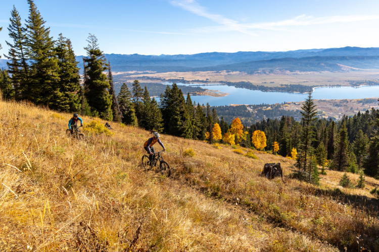 Two mountain bikers ride down a grassy hillside surrounded by trees, with a scenic view of a lake and mountains in the background. The landscape features autumn foliage in shades of yellow and orange, under a clear blue sky.