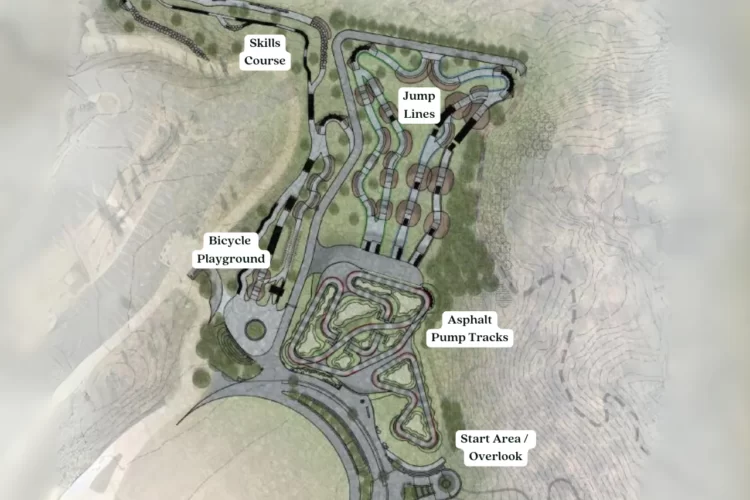 A detailed site map of a bike park featuring various areas such as a skills course, jump lines, a bicycle playground, asphalt pump tracks, and a start area with an overlook. The layout illustrates the winding paths and designated zones for different biking activities, emphasizing the recreational and skill-building opportunities available.