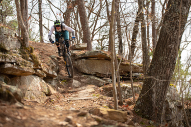 A mountain biker navigating a rocky trail surrounded by trees. The cyclist is leaning forward, approaching a descent, wearing a helmet and protective gear, with autumn foliage scattered on the ground. Great Passion Play Trails (GPPT) / Marble Flats mountain bike trail.