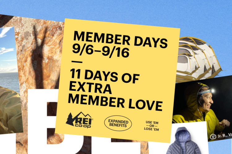 A promotional graphic for REI Co-op's Member Days, featuring a bright yellow background with bold text announcing "Member Days 9/6-9/16" and "11 Days of Extra Member Love." The design includes images of outdoor activities, a tent, a person wearing outdoor gear, and a jacket, highlighting the event's focus on expanded member benefits.