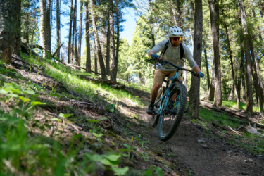 A person riding a mountain bike along a wooded trail, surrounded by tall trees and greenery. The cyclist is wearing a helmet, sunglasses, and a light-colored shirt, and appears to be in motion, navigating the uneven path. Sunlight filters through the trees, illuminating the scene. Williams Summit Trails mountain bike trail.