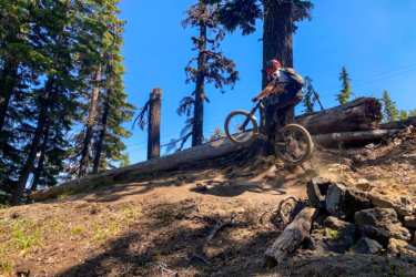 A mountain biker performs a jump off a dirt ramp, surrounded by tall trees in a forested area. The blue sky is visible above, and dust is kicked up beneath the bike. Logs and rocks are seen nearby on the ground. Mount Bachelor Bike Park mountain bike trail.